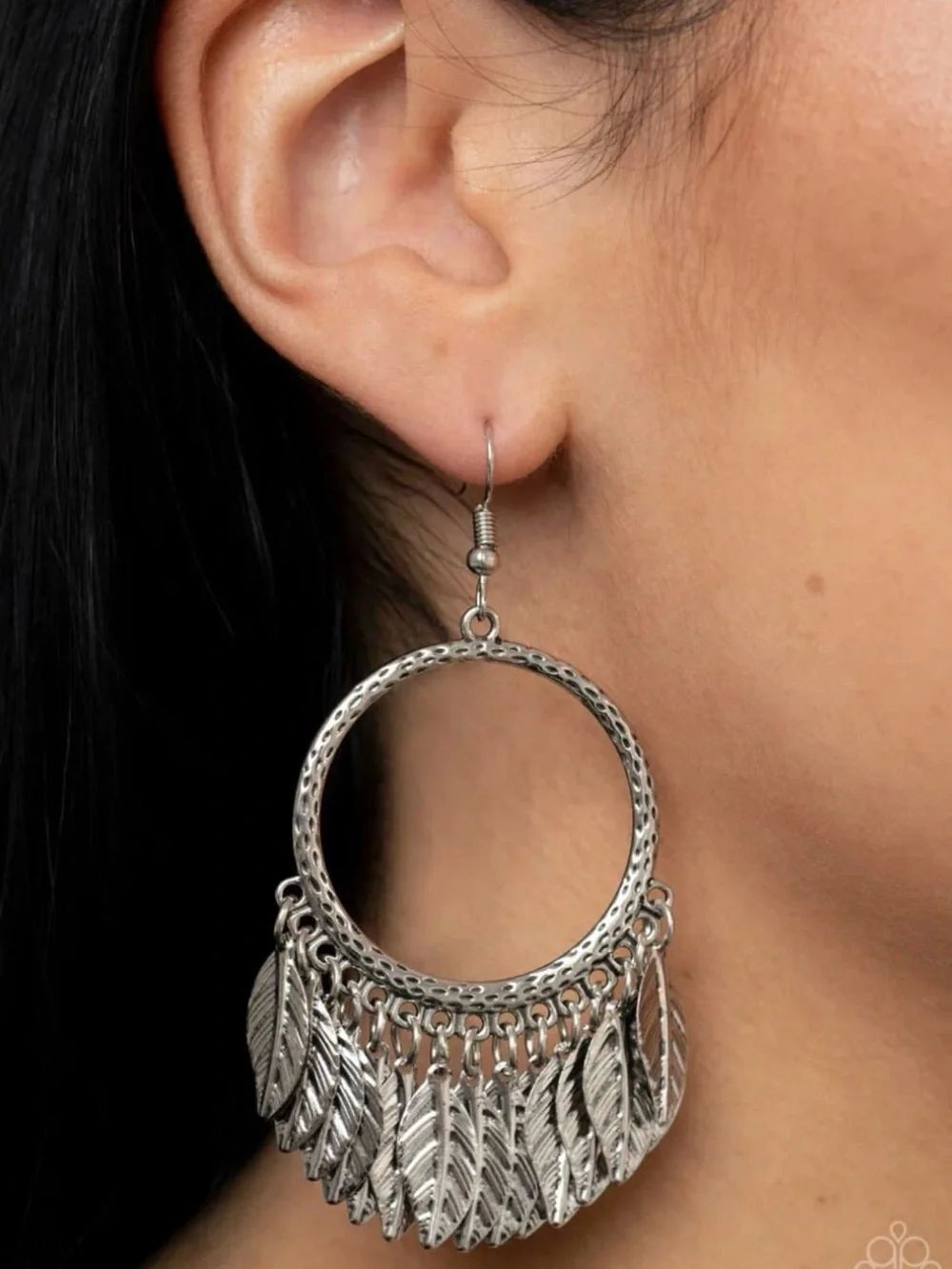 paparazzi Fowl Tempered Silver Fringe Hoop Earrings